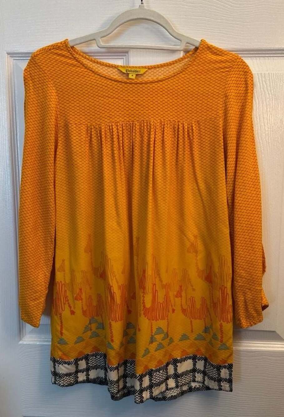 Global Desi Yellow Printed Long Sleeve Tunic with Sleeve Slits Size S